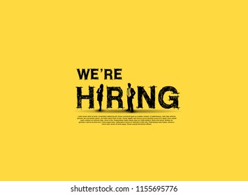 We are hiring simple design with businesswoman and businessman silhouette isolated on yellow background