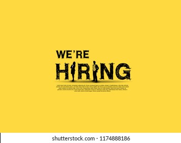 We are hiring simple design with businesswoman and businessman silhouette isolated on yellow background