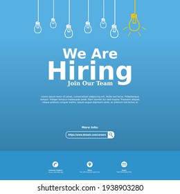 We are hiring simple design with doodle  hand drawing lightbulb sign. Social media banner template for job vacancy on blue background color