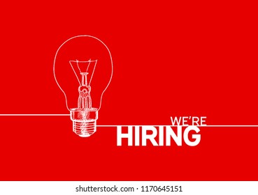We are hiring simple design white outline light bulb with line on red background. Business recruiting concept hand drawing style