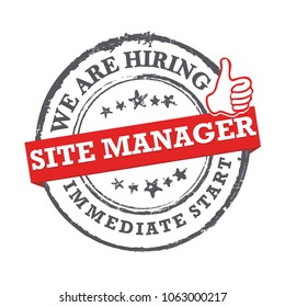 We are hiring site manager. Gray and red stamp / label for print designed for recruitment agencies / human resources companies that are  looking for construction / demolition / building workers