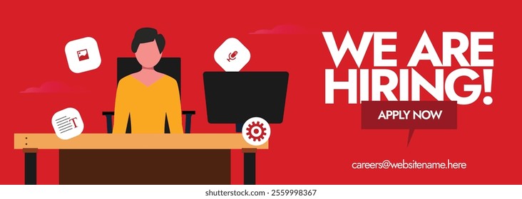 We are hiring. Hiring social media cover or post with a office employee, office chair, computer screen, office table, content writer and graphics icons. Apply Now Hiring post with red background.