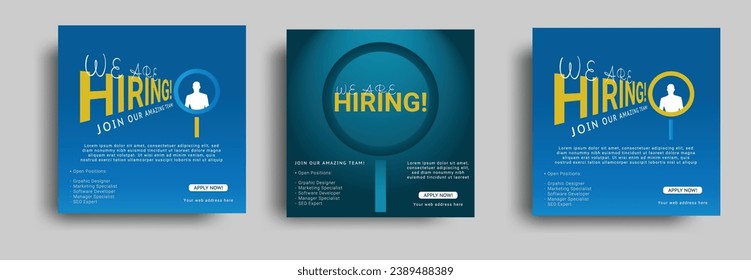  We are hiring social media post design template .Hiring Job post template, We are hiring Job advertisement .Job vacancy social media post design. Vector design.