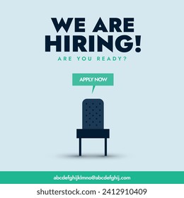 We are hiring social media post with an empty chair with apply now call to action. We're Hiring with empty office ready to be occupied by employee. Business recruiting concept. Vector Illustration