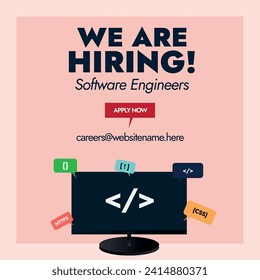 We are hiring. We are hiring software engineers announcement banner. Software engineers job vacancy banner with a computer screen having different speech bubbles of coding symbols.  - Powered by Shutterstock - Get 15% off with code: PIKWIZARD15