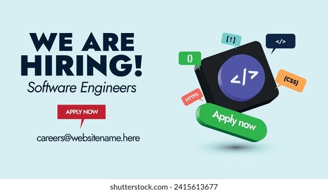 We are hiring. We are hiring software engineers announcement banner. Software engineers job vacancy cover banner with 3D keyboard button having different speech bubbles of coding symbols. Apply now.