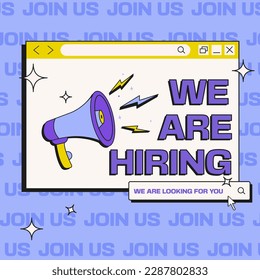 We are hiring, square social media post layout in trendy old computer aesthetic style. We are hiring banner, poster, background template.Vector illustration