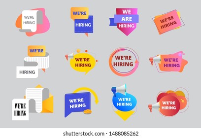 We are hiring tags and job recruitment character, set of colorful bubble is isolated on grey background, it can be used for landing page, template, mobile app, poster, banner, flyer.