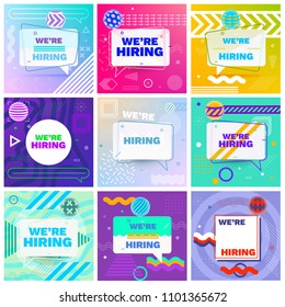 Estamos contratando plantilla, diseño de pancartas o afiche. Conjunto de conceptos de anuncio de empleo vacante en estilo Memphis