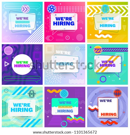 We are Hiring Template, Banner Design or Poster. Set of Job Vacancy Advertisement Concepts in Memphis Style