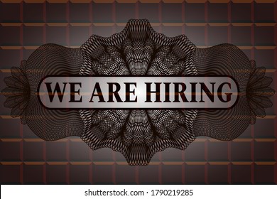 We are hiring text inside Currency chocolate bar badge. Brown exquisite background. Vector illustration. 