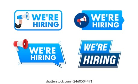 We are hiring text with Megaphone label set. Megaphone in hand promotion banner. Marketing and advertising