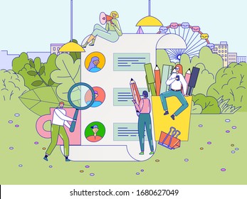 We are hiring, tiny people search job applications, recruitment team concept, vector illustration. List of candidates, employment opportunity. Cheerful men and women cartoon characters in flat style