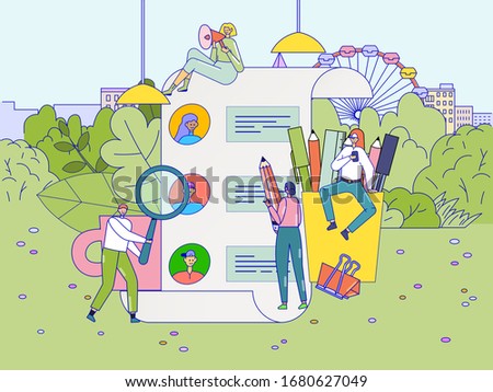 We are hiring, tiny people search job applications, recruitment team concept, vector illustration. List of candidates, employment opportunity. Cheerful men and women cartoon characters in flat style