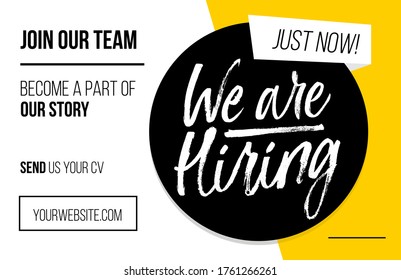 We Are Hiring Vacancy Advertisement Template. Trendy Job Vacancy Banner, Poster Or Flyer With Yellow, White And Black Colors. Minimalistic Recruitment Creative Ad. Vector Illustration