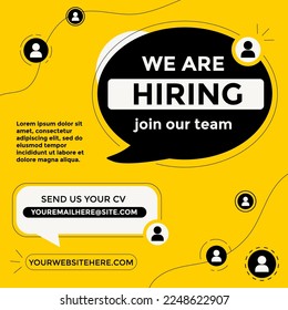 We are hiring vacancy advertisement template. Trendy job vacancy banner, poster or flyer with speech bubbles and yellow, white and black colors. Minimalist recruitment creative ad. Vector illustration