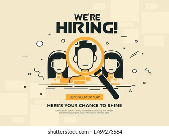We are Hiring Vector Background. Trendy Bold Black Typography. Job Vacancy Card Design. Join Our Team Minimalist Poster Template, Looking for Talents Advertising, Open Recruitment Creative Ad.
