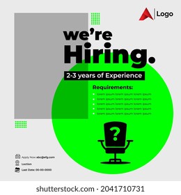 We Are Hiring Vector Background. Trendy Bold Black Typography. Job Vacancy Card Design. Join Our Team Minimalist Poster Template, Looking For Talents Advertising, Open Recruitment Creative Ad.