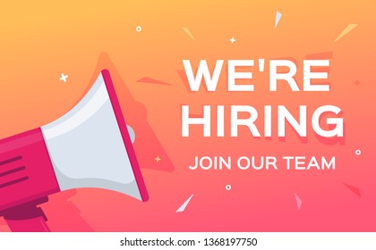 We are hiring vector banner. Megaphone with recruiting text messages to candidates. Modern banner template can use for print, web, site, ui, mobile app, background.