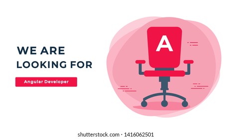 We Are Hiring Vector Concept with Empty Office Chair. Company Looking for a Angular Developer. Business Hiring and Recruiting Flat Style Landscape Banner Suitable for Websites and Social Media