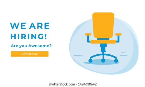 We Are Hiring Vector Concept with Empty Office Chair. Company Looking for a Specialist. Come Join Us. Business Hiring and Recruiting Flat Style Landscape Banner Suitable for Websites and Social Media