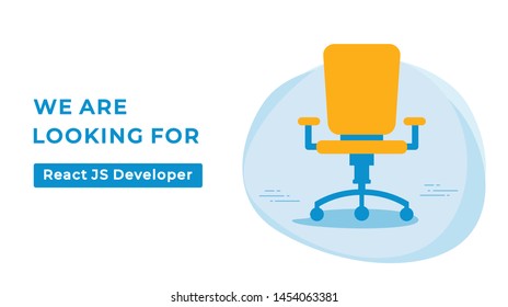 We Are Hiring Vector Concept With Empty Office Chair. Company Looking For A React JS Developer. Business Hiring And Recruiting Flat Style Landscape Banner Suitable For Websites And Social Media