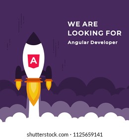 We Are Hiring Vector Concept with Flying Rocket Ship. Startup Project Launching and Looking for an Angular Developer Specialist. Business Hiring and Recruiting Concept Flat Style Vector 