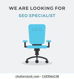 We Are Hiring Vector Concept with Flying Rocket Ship. Empty Office Chair Isolated. We are Looking for a SEO Specialist. Business Hiring and Recruiting Concept Flat Style Vector 