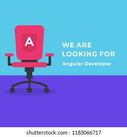 We Are Hiring Vector Concept with Flying Rocket Ship. Empty Office Chair Isolated. We are Looking for an Angular Developer. Business Hiring and Recruiting Concept Flat Style Vector 