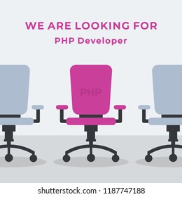 We Are Hiring Vector Concept with Flying Rocket Ship. Empty Office Chair Isolated. We are Looking for a PHP Developer. Business Hiring and Recruiting Concept Flat Style Vector 