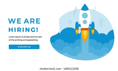 We Are Hiring Vector Concept with Flying Rocket Ship. Startup Project Launching and Looking for a  Specialist. Business Hiring and Recruiting Concept Flat Style Vector 