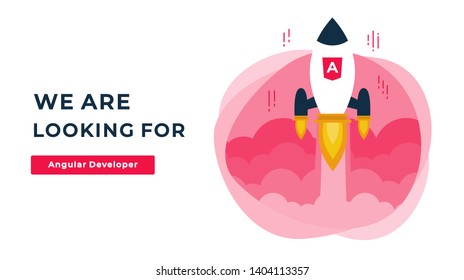 We Are Hiring Vector Concept with Flying Rocket Ship. Startup Project Launching and Looking for an Angular Developer  Specialist. Business Hiring and Recruiting Concept Flat Style Vector 