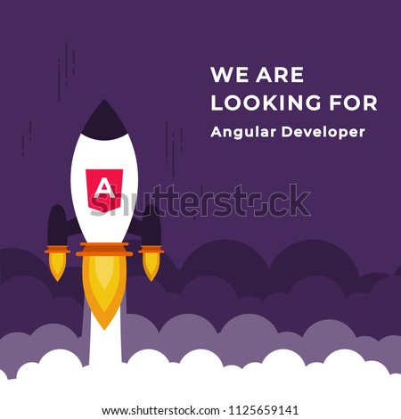 We Are Hiring Vector Concept with Flying Rocket Ship. Startup Project Launching and Looking for an Angular Developer Specialist. Business Hiring and Recruiting Concept Flat Style Vector 