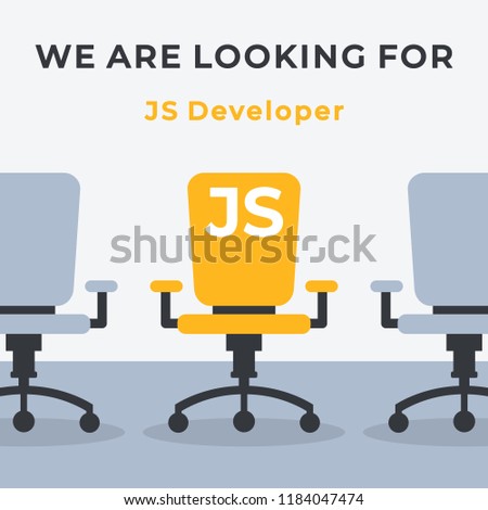 We Are Hiring Vector Concept with Flying Rocket Ship. Empty Office Chair Isolated. We are Looking for a JS Developer. Business Hiring and Recruiting Concept Flat Style Vector 