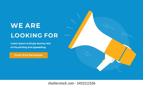 We Are Hiring Vector Concept with Loudspeaker. Company Looking for a Front End Developer . Business Hiring and Recruiting Flat Style Landscape Banner. Choosing Employee. Job Seeking. Vacancy 