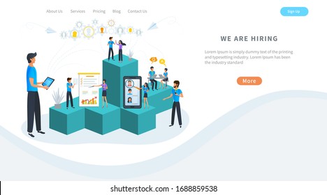 we are hiring vector concept, recruitment, headhunting agency, employment service. Job interview. Human resources recruitment. Employees hiring. Dedicated team work. Career growth ladder.