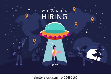 We are hiring vector illustration. Business team searching new co-worker. Flying saucer shining to man flat style design. Employee hunting concept. World map with location pin on background