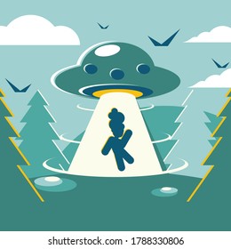 We are hiring vector illustration. Business team searching new co-worker. Flying saucer shining to man flat style design. Employee hunting concept. World map with location pin on background