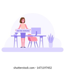 We are hiring vector illustration concept. Office flat workplace. Manager female character with banner.