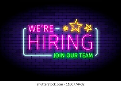 We are hiring vector illustration in realistic neon style on the brick wall. Illustration for hiring ads design. 