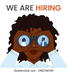 We are hiring vector isolated banner. African american woman with binoculars searching for a candidates. Build your career, employee wanted. Human resources manager.