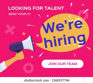 We are hiring vector modern banner. Male hand holding megaphone. Speech bubble with hiring message, join button. Hiring banner template design.