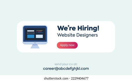 We are hiring. We are hiring website designers pop up with light background. Web Designer Hiring Post. We are hiring announcement complete post. jobs for Web Designer. Coding Screen icon. apply now.