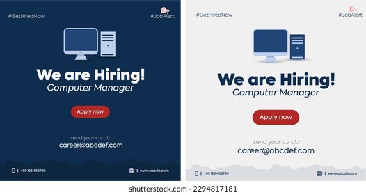 We are hiring. We're hiring computer manager. Apply now. computer manager hiring announcement banner. programmer, coder job vacancy. computer expert recruitment. yellow background with computer. Hire