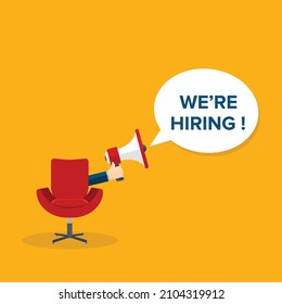 We are hiring. We're hiring design template business banner. Employment recruitment. Businessman holds megaphone. Open vacancy.