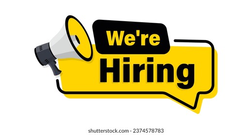 We are hiring. We're hiring. Recruiting or hiring, open vacancy. Business recruiting. Hiring message, hire employees, announcement job vacancies. Join our team - template with megaphone