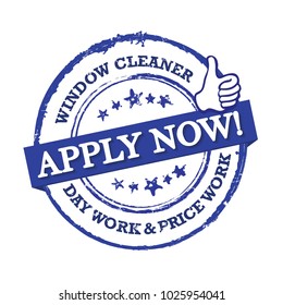 We are hiring window cleaner - blue printable sticker designed for recruitment agencies / human resources companies that are looking for construction / demolition / building workers