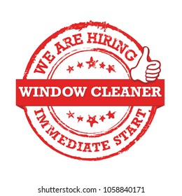We are hiring window cleaner! Red stamp / label for print designed for recruitment purposes