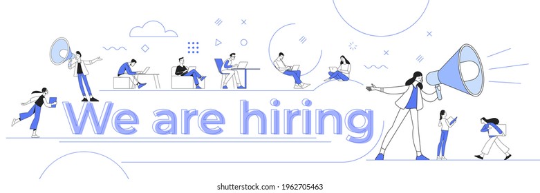 We are Hiring word abstract concepts for landing page, template, UI, web banner. Recruitment agency, hiring employee, employment agreement, vacant job position, interview. Headhunting vector.