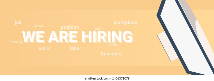 We are hiring and work searches. Banner with computer